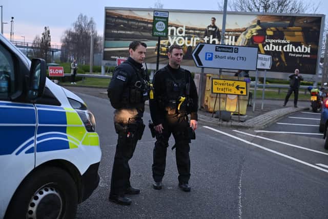 The scene near Heathrow airport terminal 5, which has been shut due to an electrical fire