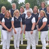 The Scottish Senior Women’s Golf Association team pictured at the 2024 Jamboree at Trentham Golf Club. They are: back row from left:   Gillian Kyle, Karen Marshall, Ruth Hunter, Marjorie Rae (President), Hilary Laughland, Louise Fraser and Alison DAvidson. Front row from  left: Elaine Moffat, Lynne Fraser (Captrain), Lesley Lloyd (Vice-Captain) and Jackie Brown.   