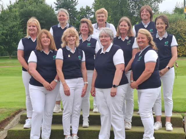 The Scottish Senior Women’s Golf Association team pictured at the 2024 Jamboree at Trentham Golf Club. They are: back row from left: Gillian Kyle, Karen Marshall, Ruth Hunter, Marjorie Rae (President), Hilary Laughland, Louise Fraser and Alison Davidson. Front row from left: Elaine Moffat, Lynne Fraser (Captrain), Lesley Lloyd (Vice-Captain) and Jackie Brown.
