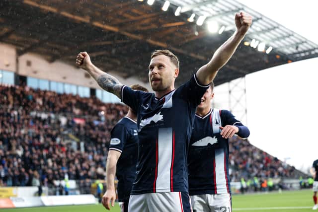 Falkirk's Scott Arfield celebrates scoring to make it 2-0 over Airdrieonians at The Falkirk Stadium. (Photo by Roddy Scott / SNS Group)