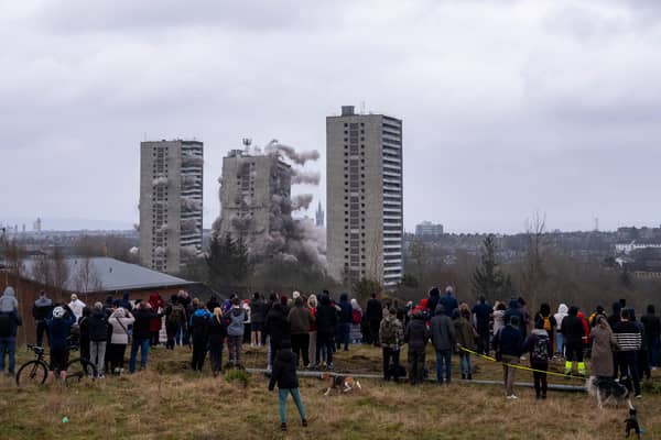 The Wyndford towers in Maryhill, Glasgow are demolished to make way for 386 affordable homes which will be part of a £100m regeneration plan for North Glasgow