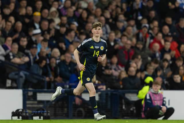 Young Hearts striker James Wilson came off the bench to make his Scotland debut.