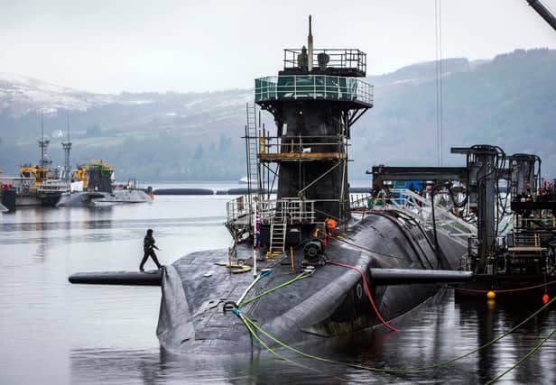 Vanguard-class submarine HMS Vigilant, one of the UK's four nuclear warhead-carrying submarines, at HM Naval Base Clyde