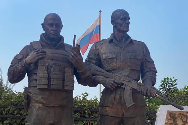Bronze statues of the late Russian mercenary leader Yevgeny Prigozhin and his right-hand man Dmitru Utkin have just been erected outside the Maison Russe in Bangui, the capital of the Central African Republic (Picture: Annela Niamolo)