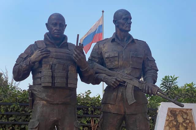 Bronze statues of the late Russian mercenary leader Yevgeny Prigozhin and his right-hand man Dmitru Utkin have just been erected outside the Maison Russe in Bangui, the capital of the Central African Republic (Picture: Annela Niamolo)