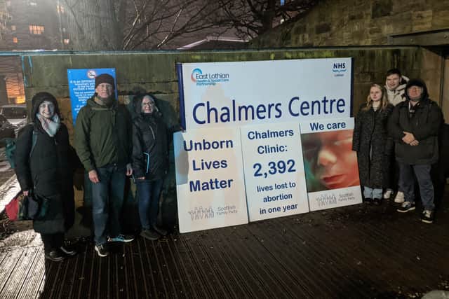 The Scottish Family Party holding an anti-abortion protest within a buffer zone outside the Chalmers Centre in Edinburgh.