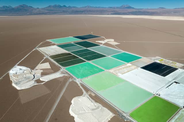 Brine pools containing lithium carbonate at a mine in the Atamaca desert in Chile (Picture: John Moore)