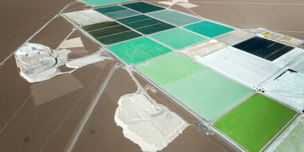 Brine pools containing lithium carbonate at a mine in the Atamaca desert in Chile (Picture: John Moore)