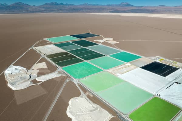 Brine pools containing lithium carbonate at a mine in the Atamaca desert in Chile (Picture: John Moore)