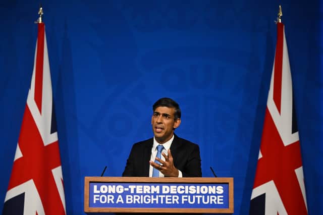 Rishi Sunak delivers a speech at Downing Street on his plans for net zero commitments in September 2023