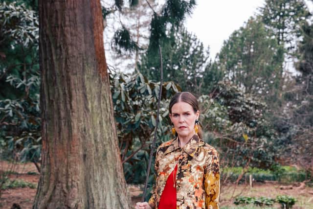 Linder at the Royal Botanic Gardens Edinburgh for EAF and Mount Stuart, 2025. Photo: Charlotte Cullen. Outfit: Ashish. Stylist: Rebecca Palmer. Make-up: Kala Williams. Courtesy the artist and EAF.