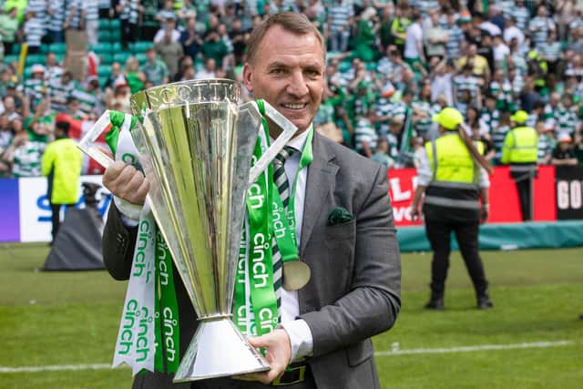 Celtic manager Brendan Rodgers pictured with the Scottish Premiership trophy last season.