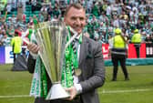 Celtic manager Brendan Rodgers pictured with the Scottish Premiership trophy last season.