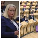 Christina McKelvie (left) debating in the Holyrood chamber, while (right) First Minister John Swinney is among those who fall silent at the Scottish Parliament to remember the SNP MSP after her death
