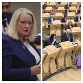 Christina McKelvie (left) debating in the Holyrood chamber, while (right) First Minister John Swinney is among those who fall silent at the Scottish Parliament to remember the SNP MSP after her death