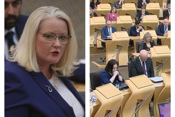 Christina McKelvie (left) debating in the Holyrood chamber, while (right) First Minister John Swinney is among those who fall silent at the Scottish Parliament to remember the SNP MSP after her death
