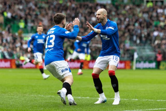 Rangers Nicolas Raskin celebrates with Vaclav Cerny after scoring in the 3-2 win over Celtic.  (Photo by Craig Foy / SNS Group)