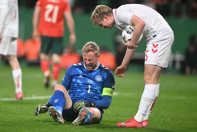 Celtic goalkeeper Kasper Schmeichel was injured playing for Denmark last week.  (Photo by PATRICIA DE MELO MOREIRA/AFP via Getty Images)