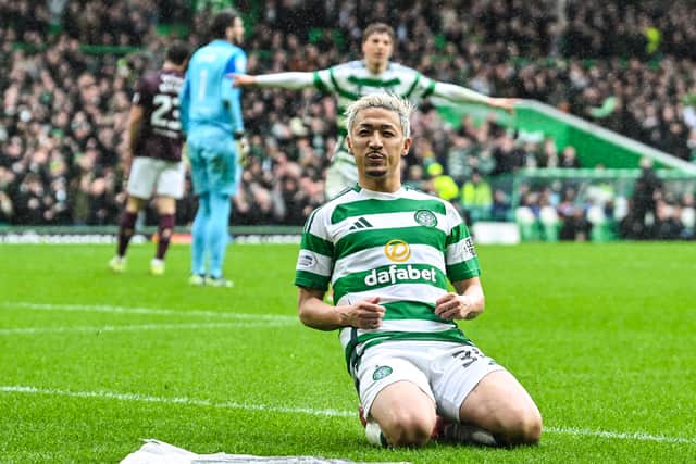 Celtic's Daizen Maeda celebrates scoring the opener in the 3-0 win over Hearts. (Photo by Rob Casey / SNS Group)