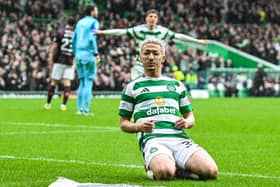 Celtic's Daizen Maeda celebrates scoring the opener in the 3-0 win over Hearts. (Photo by Rob Casey / SNS Group)