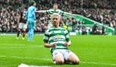Celtic's Daizen Maeda celebrates scoring the opener in the 3-0 win over Hearts. (Photo by Rob Casey / SNS Group)