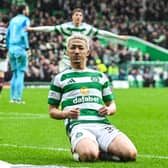 Celtic's Daizen Maeda celebrates scoring the opener in the 3-0 win over Hearts. (Photo by Rob Casey / SNS Group)