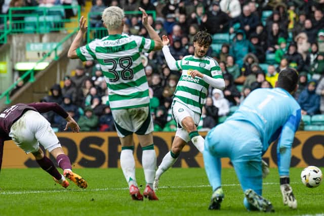 Jota puts Celtic 2-0 ahead against Hearts after Daizen Maeda's header had struck the post. (Photo by Craig Foy / SNS Group)