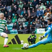Celtic's Daizen Maeda scores the opener in the 3-0 win over Hearts. (Photo by Craig Foy / SNS Group)