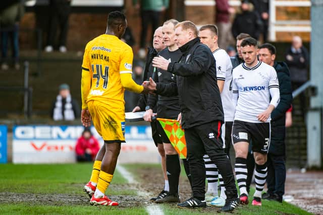 Dunfermline's Victor Wanyama with manager Neil Lennon as he is sent off for a foul on Ayr's Mark McKenzie. (Photo by Euan Cherry / SNS Group)