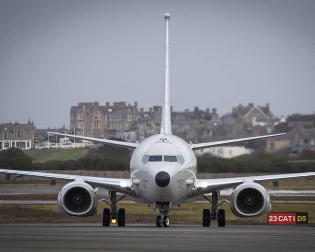 A Poseidon MRA1 plane, designed for submarine-hunting and the tracking of maritime targets, arrives at RAF Lossiemouth (Picture: Jane Barlow)
