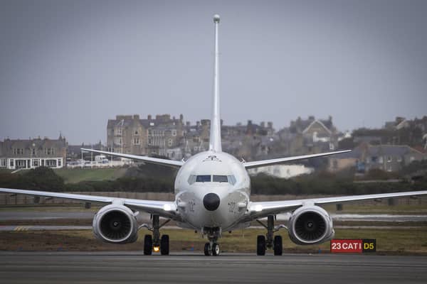 A Poseidon MRA1 plane, designed for submarine-hunting and the tracking of maritime targets, arrives at RAF Lossiemouth (Picture: Jane Barlow)