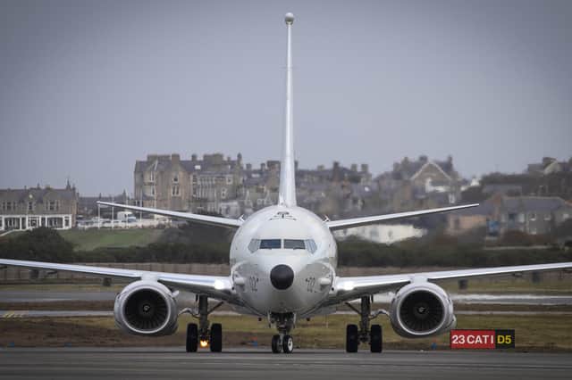 A Poseidon MRA1 plane, designed for submarine-hunting and the tracking of maritime targets, arrives at RAF Lossiemouth (Picture: Jane Barlow)