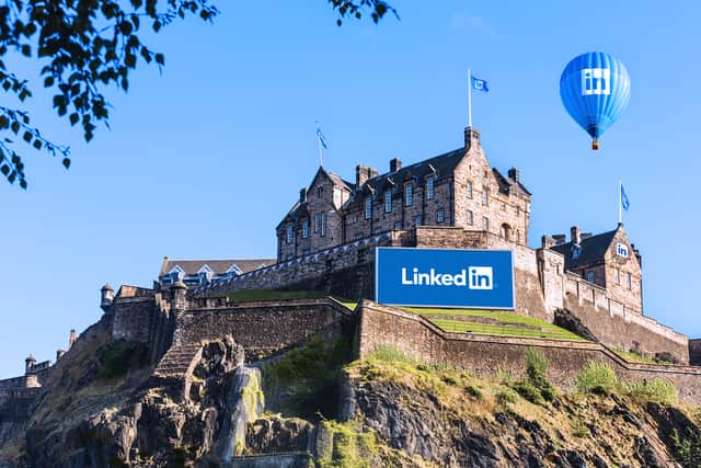 The mocked up LinkedIn billboard in front of Edinburgh Castle