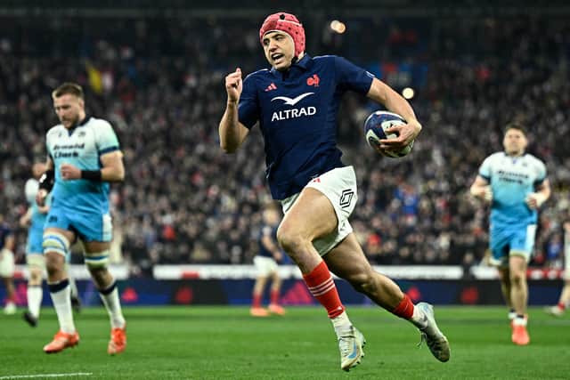 France wing Louis Bielle-Biarrey scores one of his eight tournament tries in the Six Nations title-clinching victory over Scotland at Stade de France on March 15, 2025. (Photo by JULIEN DE ROSA/AFP via Getty Images)