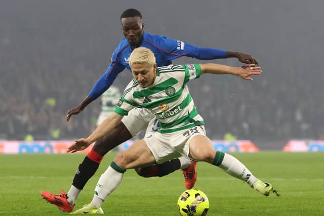 Mohamed Diomande of Rangers vies with Daizen Maeda of Celtic during the Scottish League Cup final in December.