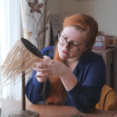 Historical costumier Lilja Husmo recreating the 'unique' Bronze Age horsehair hat found in the Highlands. PIC: Sandy Scullion.