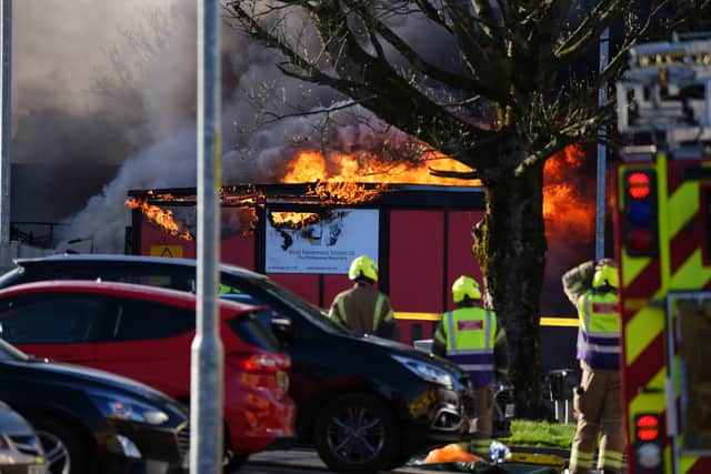 Emergency services at the scene of a fire at an industrial unit in Broomlee Road, Cumbernauld, North Lanarkshire. Picture: Andrew Milligan/PA Wire