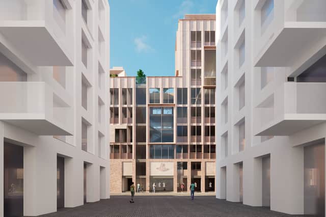 The building design incorporates the checked pattern of tartan.