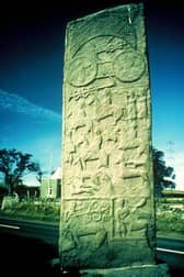 The 'battle scene' stone at Aberlemno churchyard, which some believe may depict the Battle of Dun Nechtain, fought nearby in 685 when the Picts killed King Ecgrith of Northumbria, the most powerful warrior of the day in a move which led to the creation of Scotland itself. 