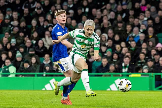 Celtic's Daizen Maeda scores to make it 4-0 at Celtic Park earlier in the season.