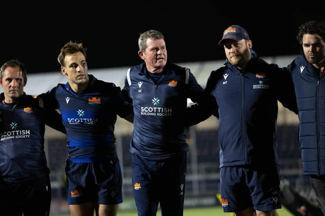 Edinburgh coach Sean Everitt, centre, with Wes Goosen.