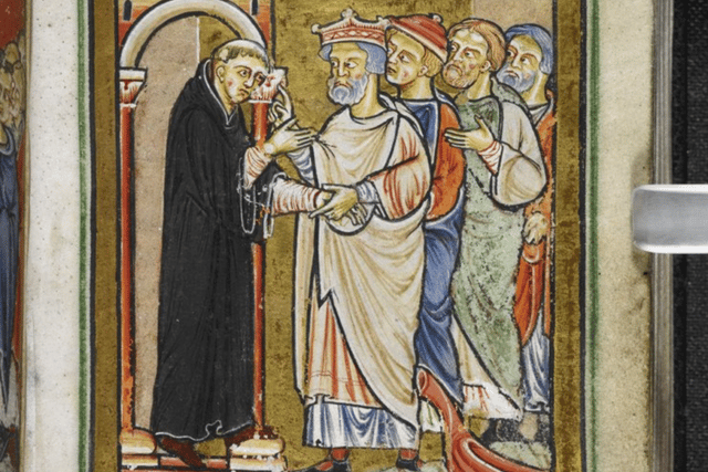 King Ecgfrith of Northumbira depicted in Historia Ecclesiastica visiting St Cuthbert at Lindisfarne. Some believe he was killed by the Picts at the Battle of Dun Nechtain, near Aberlemno,  in 685 with the victory depicted in the 'battle scene' stone, which is found in the village churchyard. PIC: Picryl / ~CC.