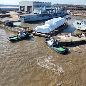 Hull sections and jigs on route to Glasgow and BAE Systems for assembly, produced to be part of the Type 26 frigate HMS Birmingham.