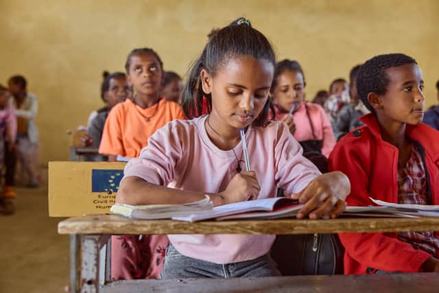 A child in the classroom at Beati Akor primary school in Tigray.