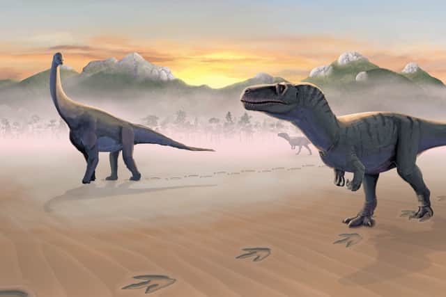 An artist rendition of meat eating megalosaurs and plant eating sauropods mingling at a site on Prince Charles's Point on the Isle of Skye. Picture : Tone Blakesley/Scott Reid/University of Edinburgh/PA Wire