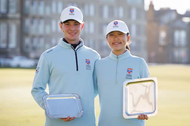 University of St Andrews duo Judd Sundelson, left, and Judy Joo show off their trophies adter topping this season’s R&A Student Tour Series Orders of Merit