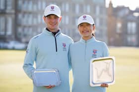 University of St Andrews duo Judd Sundelson, left, and Judy Joo show off their trophies adter topping this season’s R&A Student Tour Series Order of Merit tables