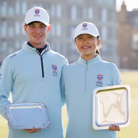 University of St Andrews duo Judd Sundelson, left, and Judy Joo show off their trophies adter topping this season’s R&A Student Tour Series Order of Merit tables