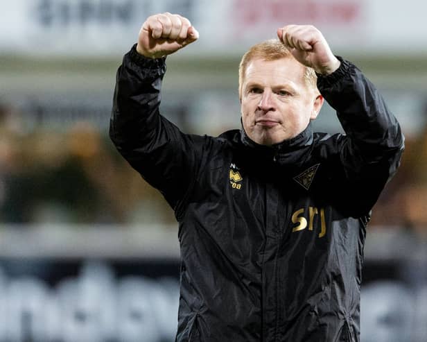 Dunfermline manager Neil Lennon celebrates his side's 1-0 victory over Livingston at East End Park. (Photo by Mark Scates / SNS Group)
