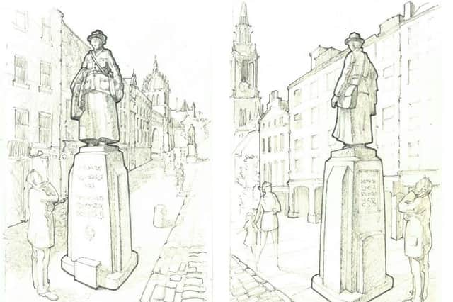 Artist's impressions showing two different views of the proposed statue of Dr Elsie Inglis on the Royal Mile